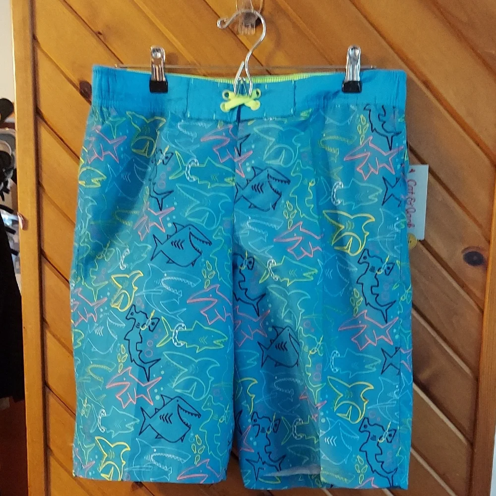 Cat & Jack Boys Blue Turquoise Shark Print Swim Trunks